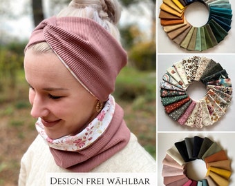 SET loop scarf and BANDEAU hairband, one-color or 2-colored, you choose your own design, Xxl color selection & custom-made, unisex