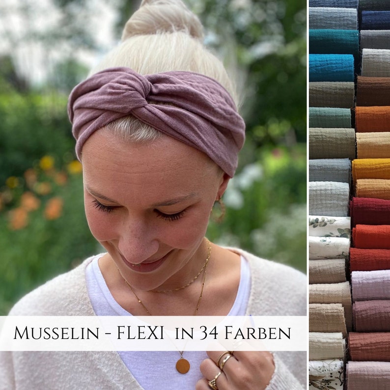 FLEXI Musselin Drahthaarband in 34 Farben , biegbar, extrem guter Halt, ideal für Sommer und in der Freizeit, weiche Baumwolle Bild 1