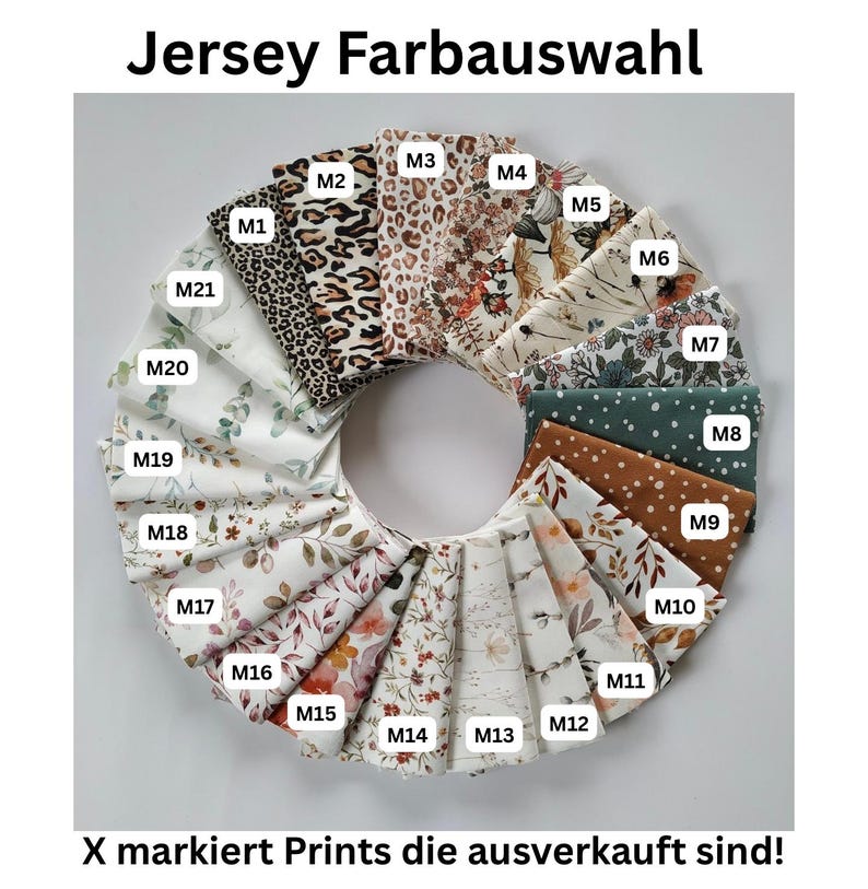 May include: A circular arrangement of folded jersey fabric swatches, each labeled with codes M1 through M21. The collection features various patterns including leopard print, floral designs, and polka dots in diverse colors. Text reads Jersey Farbauswahl and X markiert Prints die ausverkauft sind.
