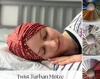 Die einlagige Turban- Mütze mit TWIST, Chemo Cap, Sonnenhut, Farbauswahl, Maßanfertigung, Alopezie Haarausfall, Kopftuch, Bestseller
