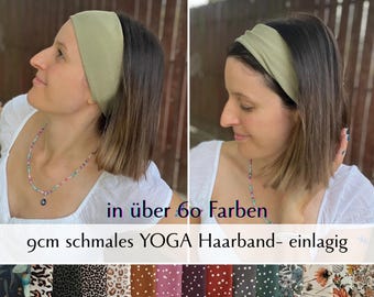 9 cm yoga headband – single layer, seamless, cotton jersey, flexible & comfortable, knotted front/back, many colors, customizable