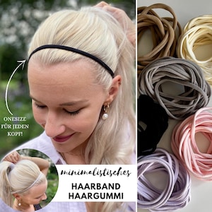 Könnte beinhalten: Ein Set minimalistischer Stoff-Haarband und Haargummis in verschiedenen Farben, darunter Schwarz, Braun, Beige, Grau, Rosa und Lavendel. Der Text "minimalistisches HAARBAND HAARGUMMI" ist im Bild sichtbar.