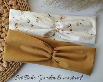 Set of 2 Twist Hairbands in Boho Garden & Mustard, custom-made, 2 wearing options, single layer seamless, sports/leisure headband