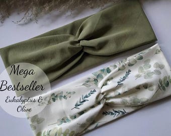 Set of 2 Twist Hairbands in Olive & Eucalyptus Vine Design, Custom Made, 2 Wearing Options, Single Layer Seamless, Sports/Leisure Headband