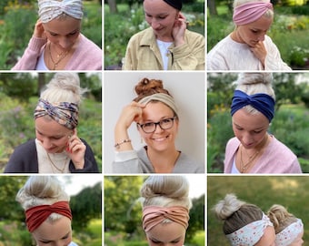 Bandeau headband – single layer, seamless, flexible, cotton jersey, knot at the front or back, 12cm, customizable, item no. 106054