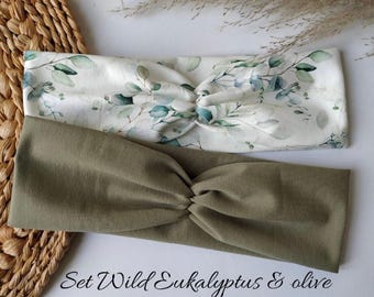 Set of 2 Twist Hairbands in Wild Eucalyptus & Olive, custom-made, 2 wearing options, single layer seamless, sports/leisure headband