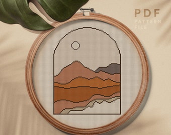 Easy counted cross stitch pattern, Boho style embroidery mountain landscape design, home decor, instant download PDF chart