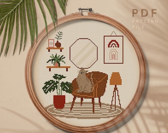 Home interior cross stitch pattern, homely plants, boho style home decor, instant download PDF chart