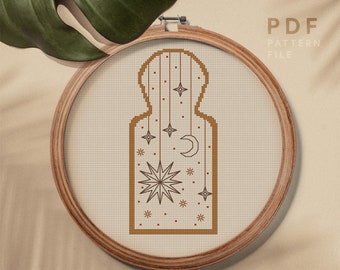 Moon and stars cross stitch pattern, Oriental counted cross stitch, modern embroidery, Boho style home decor, instant download PDF