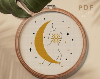 Moon And Stars Cross Stitch Etsy