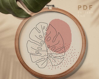 Monstera theme cross stitch pattern, Modern embroidery design, home decor, instant download PDF chart