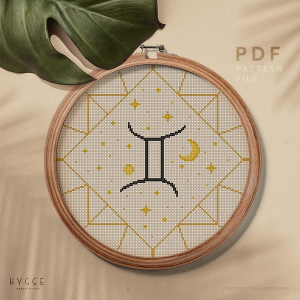 Astrology cross stitch pattern, Gemini zodiac sign, easy counted cross stitch design, home decor, instant download PDF chart