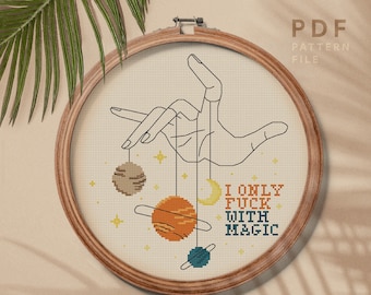 Magic cross stitch pattern, Easy embroidery design, boho style, universe theme, home decor, instant download PDF chart