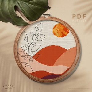 Mountain cross stitch pattern, Burnt orange sun, Mid-century art, embroidery design, home decor, instant download PDF chart