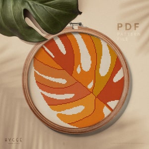 Burnt orange cross stitch pattern, Monstera leaf embroidery design, instant download PDF chart