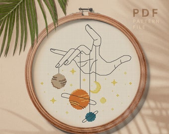 Celestial cross stitch pattern, Easy counted cross stitch embroidery design, Boho style home decor, instant download PDF chart