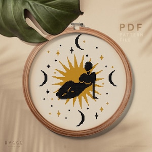Celestial stitch pattern, Woman silhouette counted cross stitch, moon and sun embroidery, Boho style home decor, instant download PDF