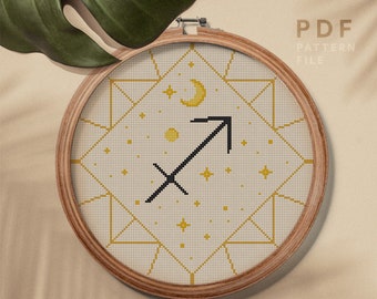 Sagittarius zodiac cross stitch pattern, Astrology theme, easy counted cross stitch, home decor, PDF instant download