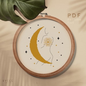 Moon and stars cross stitch pattern, Celestial embroidery design, Bohemian style home decor, instant download PDF chart