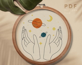 Moon and stars cross stitch pattern, Celestial theme, counted cross stitch embroidery design, home decor, instant download PDF chart