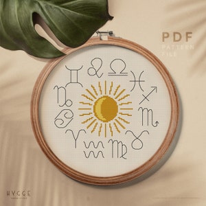 Zodiac sign cross stitch pattern, Celestial theme embroidery, Astrology pattern, home decor, instant download PDF chart