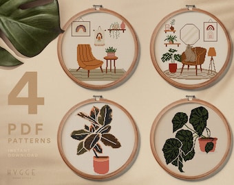 Ensemble de motifs de point de croix de style Boho, palette de couleurs de tons de terre chauds, plantes accueillantes, décor à la maison, tableau PDF à téléchargement instantané