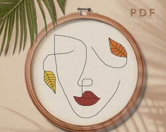 Face cross stitch pattern, Mid-century art counted cross stitch, Leaf, easy embroidery pattern, instant download PDF chart