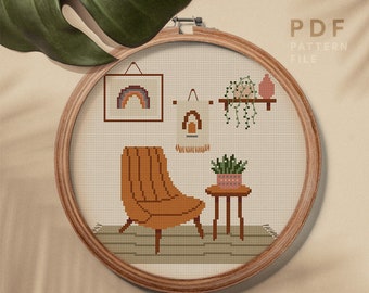 Boho cross stitch pattern, Bohemian style home interior, homely plant, home decor, instant download PDF chart