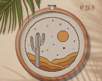 Desert landscape cross stitch PDF pattern, Easy embroidery chart, wall home decor, instant download