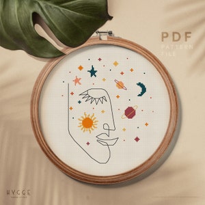 Celestial cross stitch pattern, Easy counted cross stitch chart, modern hoop art, home decor, instant download PDF