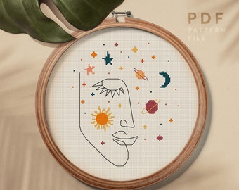 Celestial cross stitch pattern, Easy counted cross stitch chart, modern hoop art, home decor, instant download PDF