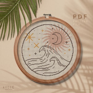 Meer Welle Kreuzstichmuster, einfaches Stickmuster, digitaler PDF sofortiger Download, himmlisches Thema Wohnkultur