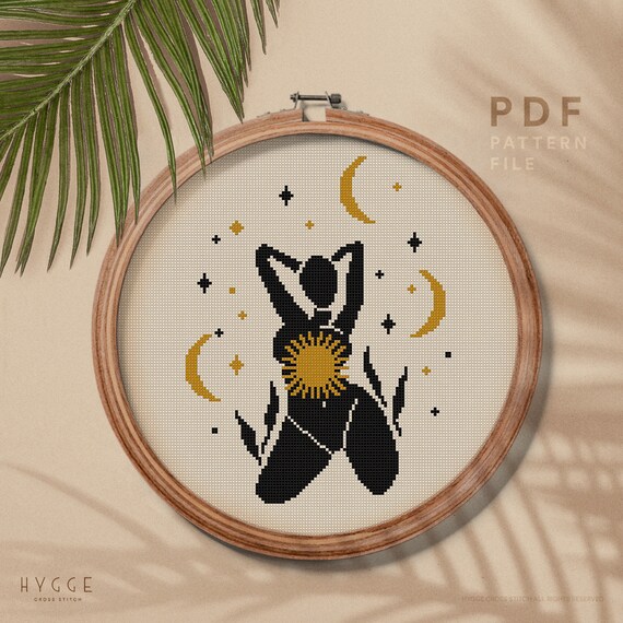 Modern Celestial Cross Stitch Pattern Woman Silhouette Moon Etsy
