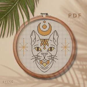 Mystical cat cross stitch pattern, Celestial theme embroidery design, wall home decor, instant download PDF