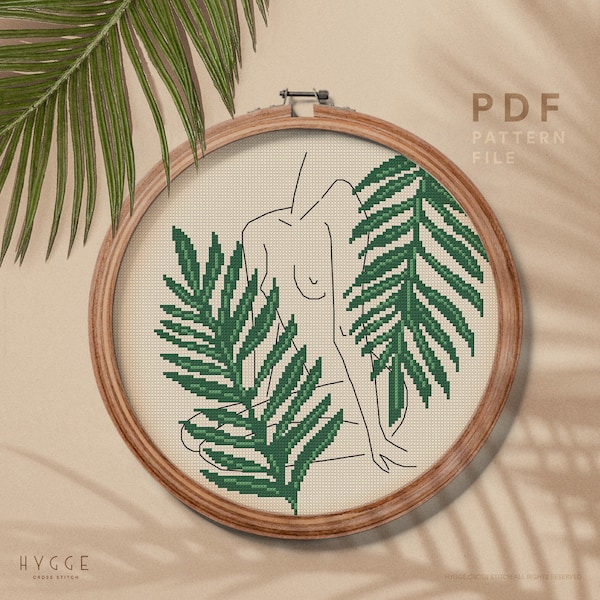 Plant cross stitch pattern with woman silhouette, modern wall home decor, instant download PDF