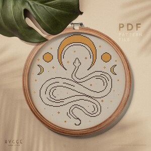 Mystical snake cross stitch pattern, Celestial theme counted cross stitch, wall home decor, instant download PDF