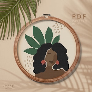 Boho Woman cross stitch pattern, modern embroidery, Female and botanical theme, Bohemian style home decor, instant download PDF