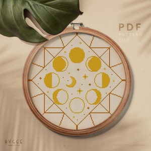 Moon phase cross stitch pattern, Celestial and Boho theme home decor, Astrology embroidery, instant download PDF chart