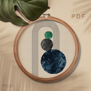 Geometric cross stitch pattern, Moon theme, modern home decor counted cross stitch design, instant download PDF chart