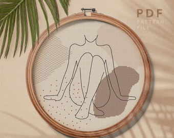 Woman shape cross cross stitch, Female silhouette, modern embroidery pattern, Boho wall decoration, instant download PDF