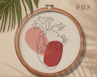 Heart shape cross stitch pattern, Modern art embroidery chart, human anatomy theme, home decor, instant download PDF