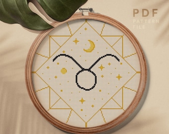 Taureau astrologie signe du zodiaque point de croix, motif de point de croix compté facile, décor à la maison, tableau PDF à télécharger instantanément