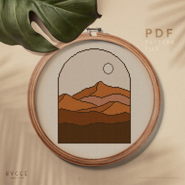 Desert landscape cross stitch pattern, Bohemian style embroidery design, instant download PDF, wall home decor