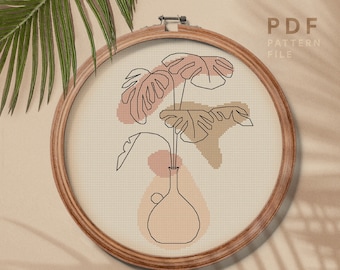Modern embroidery pattern, Plant cross stitch pattern, botanical theme, wall home decor, instant download PDF