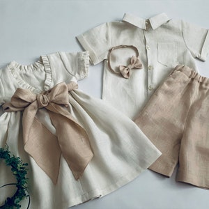 Ivory Linen Flower Girl Dress: Boho Short Sleeve Bow Dress