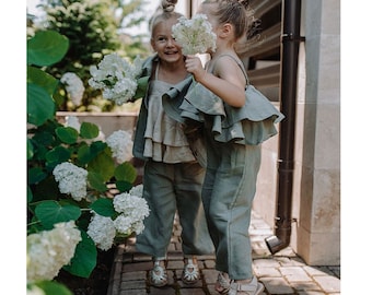 Sage Flower Girl Overall, Linen Toddler Overall, White Toddler Overalls, First Communion, Linen Clothing Girls