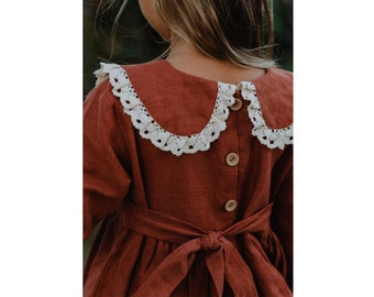 Rust Flower Girl Dress, Boho Flower Girl Dress, Long Sleeve Linen Toddler Dress