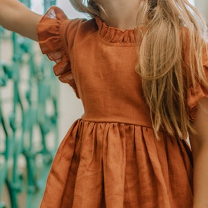 Burnt Orange Flower Girl Dress, Communion Dress, Boho Flower Girl Dress, Linen Toddler Dress, Linen Clothing Girls
