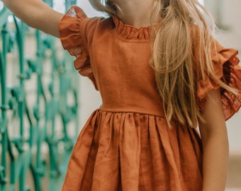 Robe de demoiselle d'honneur orange brûlé, robe de communion, robe de demoiselle d'honneur bohème, robe pour tout-petit en lin, vêtements en lin pour filles