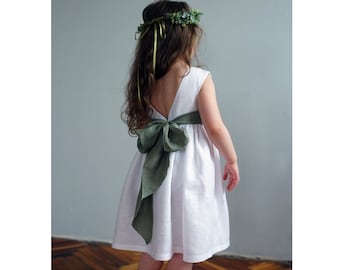 White Flower Girl Dress,Occasion Toddler Dress,Junior Bridesmaid Dress,Boho Linen Girl Dress,Gifts for Girls